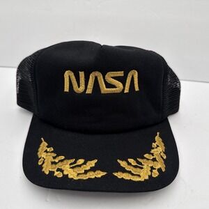 Vintage NASA Snapback Hat Black Nylon Fabric Mesh Gold Embroidered Logo
